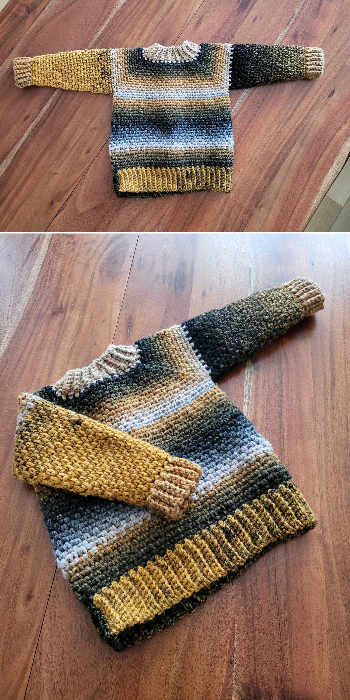 A hand-knitted sweater with horizontal yellow, brown, gray, and black stripes — perfect inspiration for Crochet Kids Sweater Patterns — is laid out on a wooden table in two different angles.