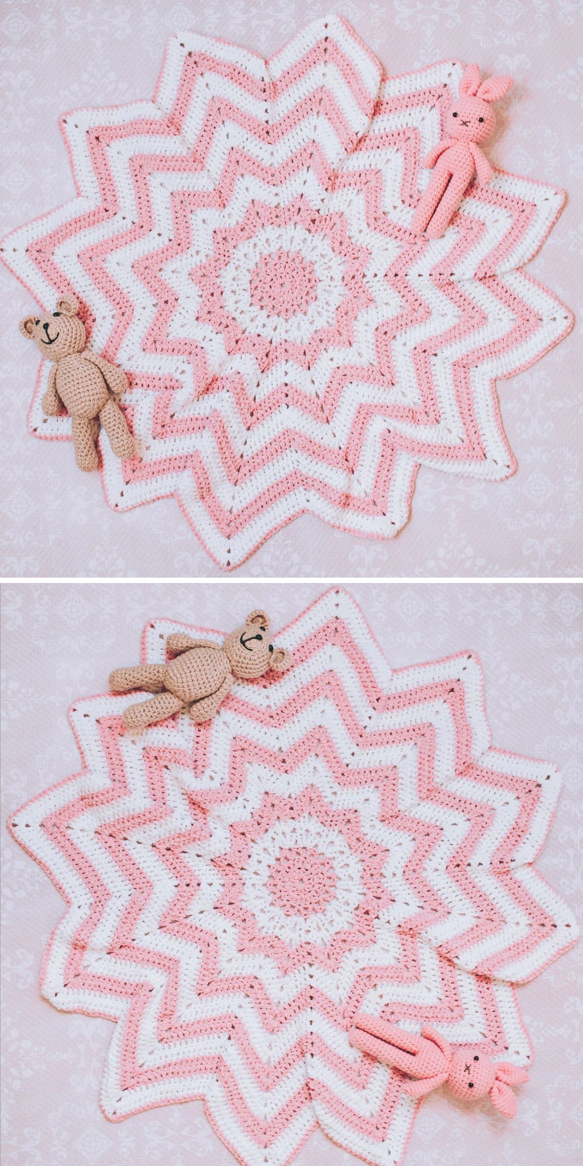 Pink and white star-shaped round crochet baby blanket with soft zigzag pattern styled with amigurumi toys.