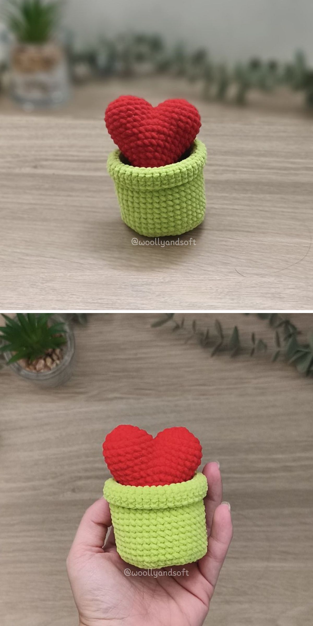Two photos show a small green crochet pot with an amigurumi heart inside, placed on a wooden surface; in the second image, the pot is held gently in a hand.