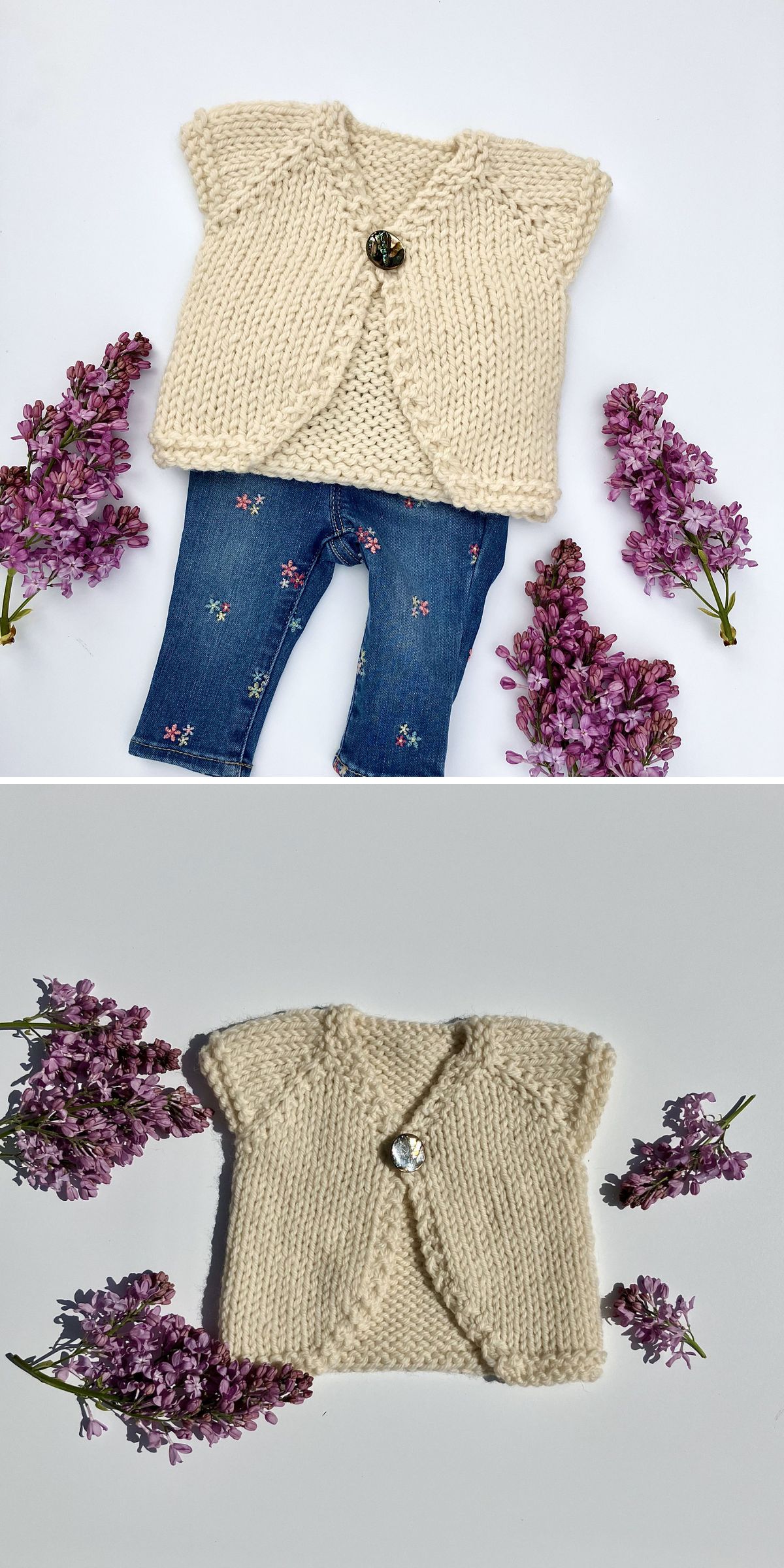 Knit cream-colored baby sweater with a single button, paired with floral-patterned baby jeans from our knitted kids clothes collection, surrounded by purple lilac flowers and displayed on a white background.