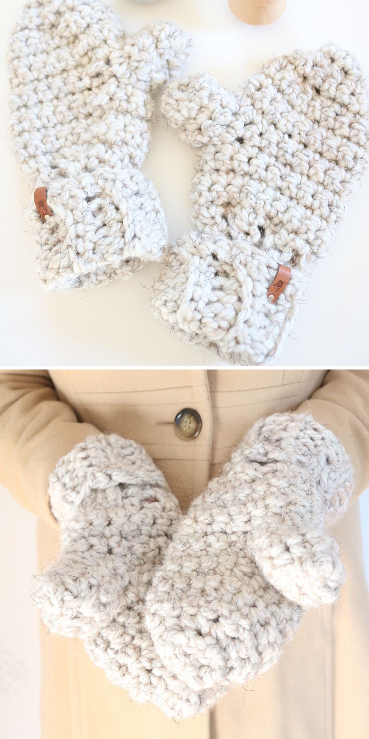 Two images: The first shows a pair of chunky crochet cream-colored mittens on a white surface; the second shows a person wearing the same mittens with a beige coat, perfect inspiration for crochet glove and mitten patterns.
