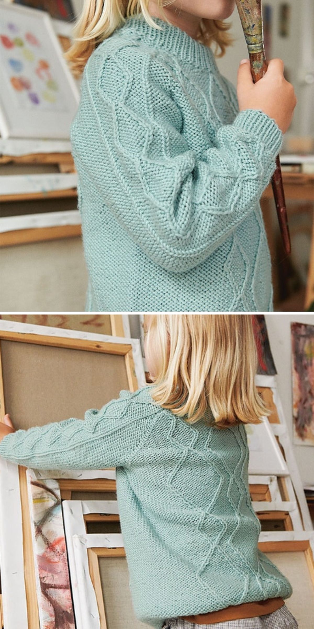 A child with blonde hair, dressed in a light blue baby boy sweater, paints at an easel in an art studio.