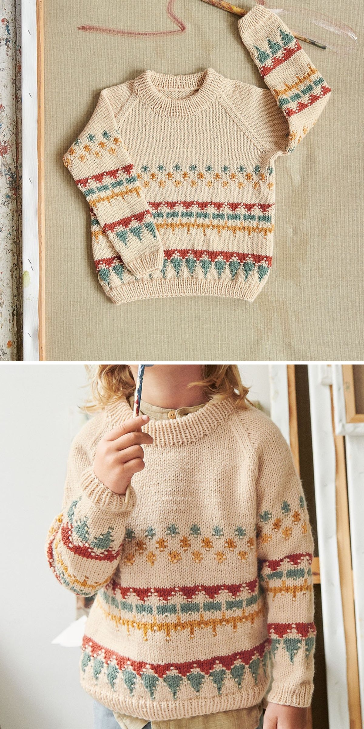 Beige knit baby boy sweater featuring multicolored geometric and floral patterns, shown laid flat and worn by a child holding a paintbrush.