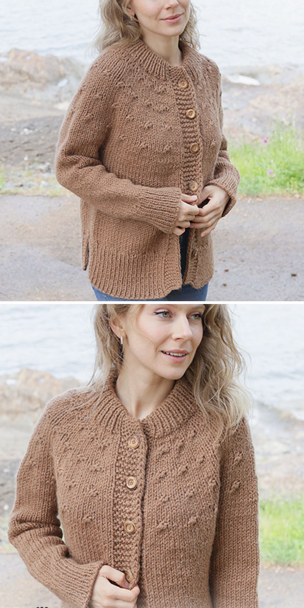 A woman wearing a brown cardigan with a textured pattern and wooden buttons stands outdoors near water, showcasing inspiration for Free Knitting Patterns for Cardigans.