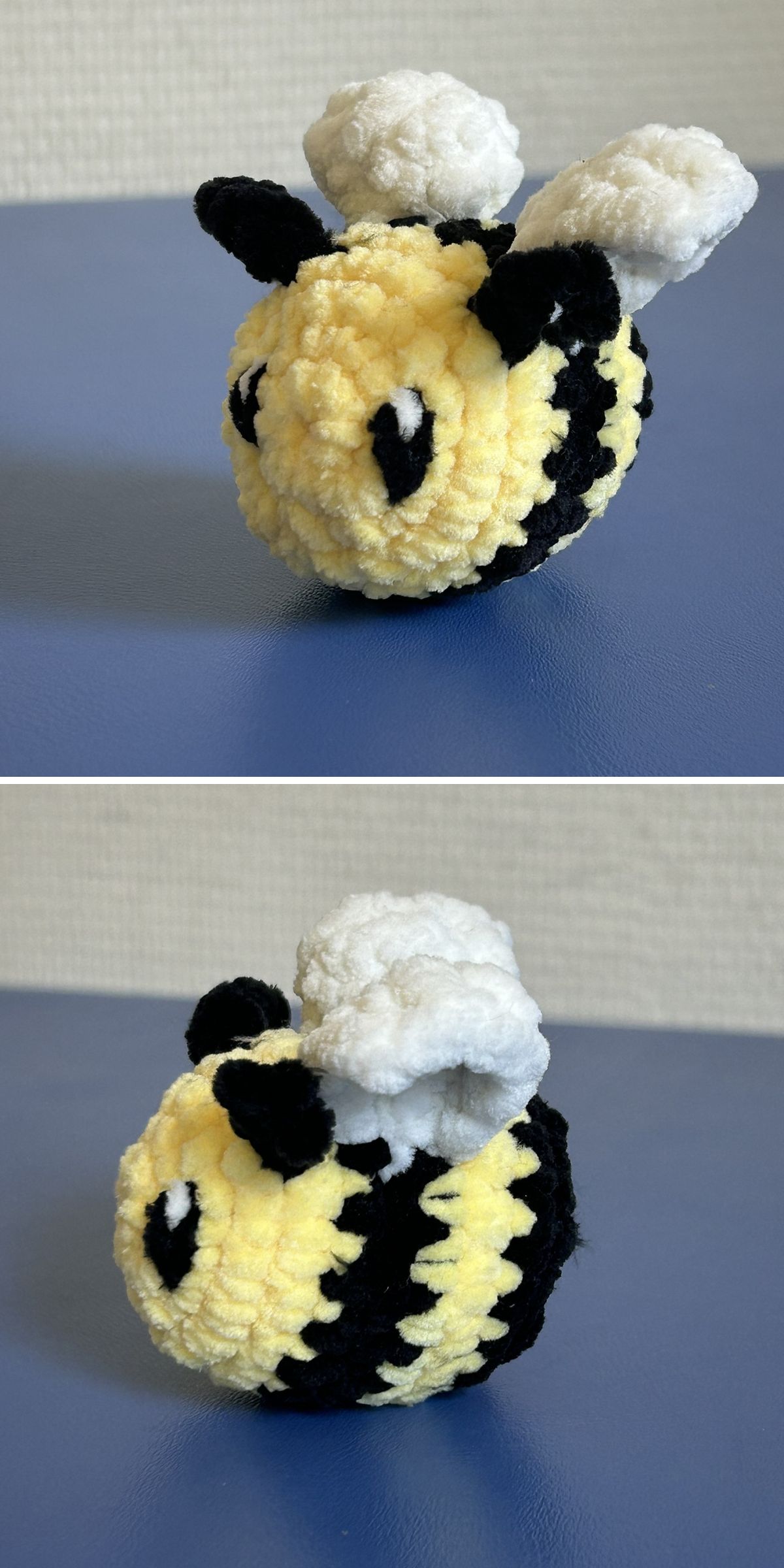 Two photos of a small, plush crochet bee amigurumi with yellow and black stripes, black eyes and antennae, and white wings, placed on a blue surface.