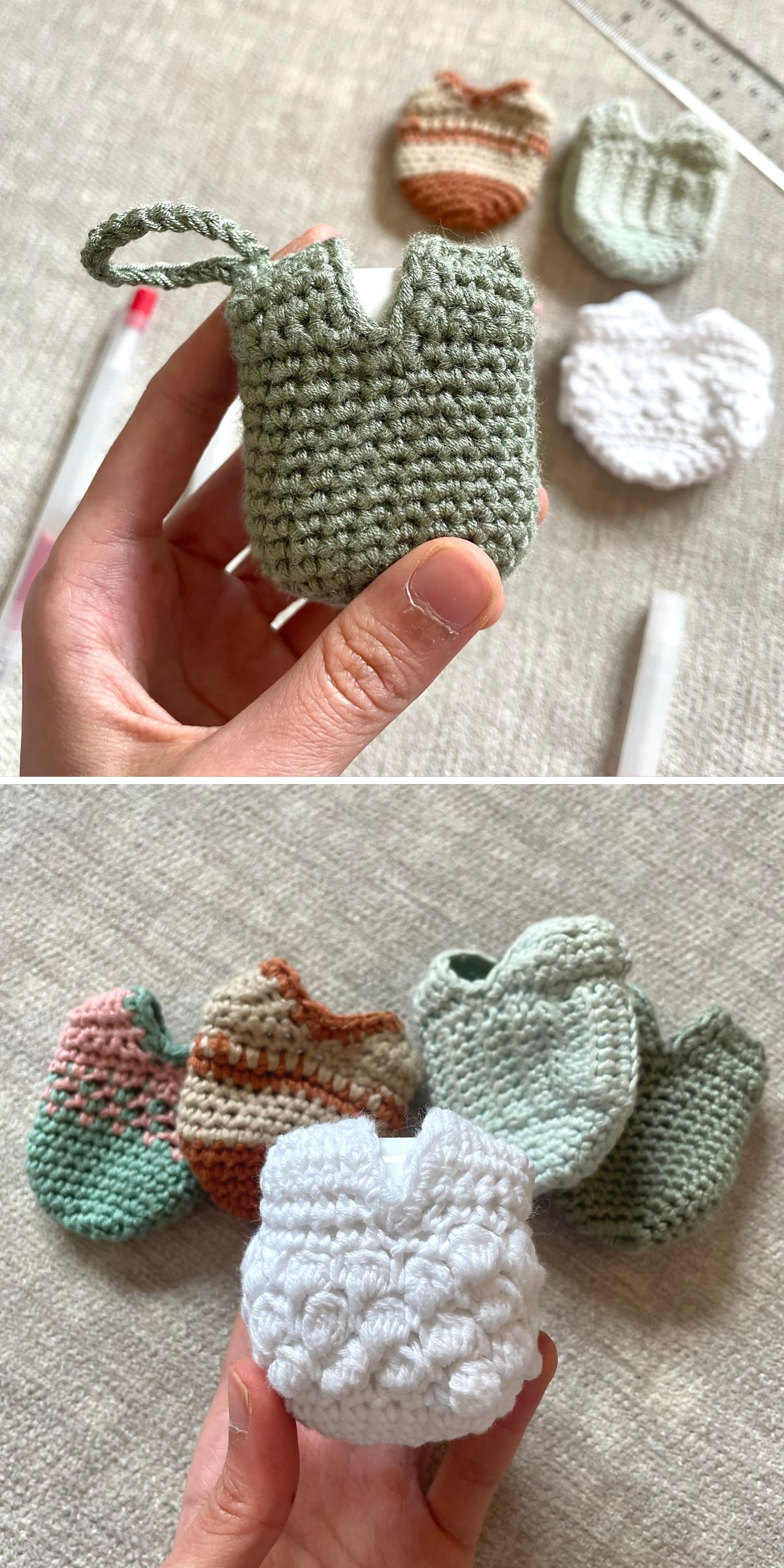 A hand holds up small, crocheted pouches in one image and a white crocheted pouch in another, with several everyday essentials displayed nearby and similar crochet pouch patterns arranged on a neutral surface.