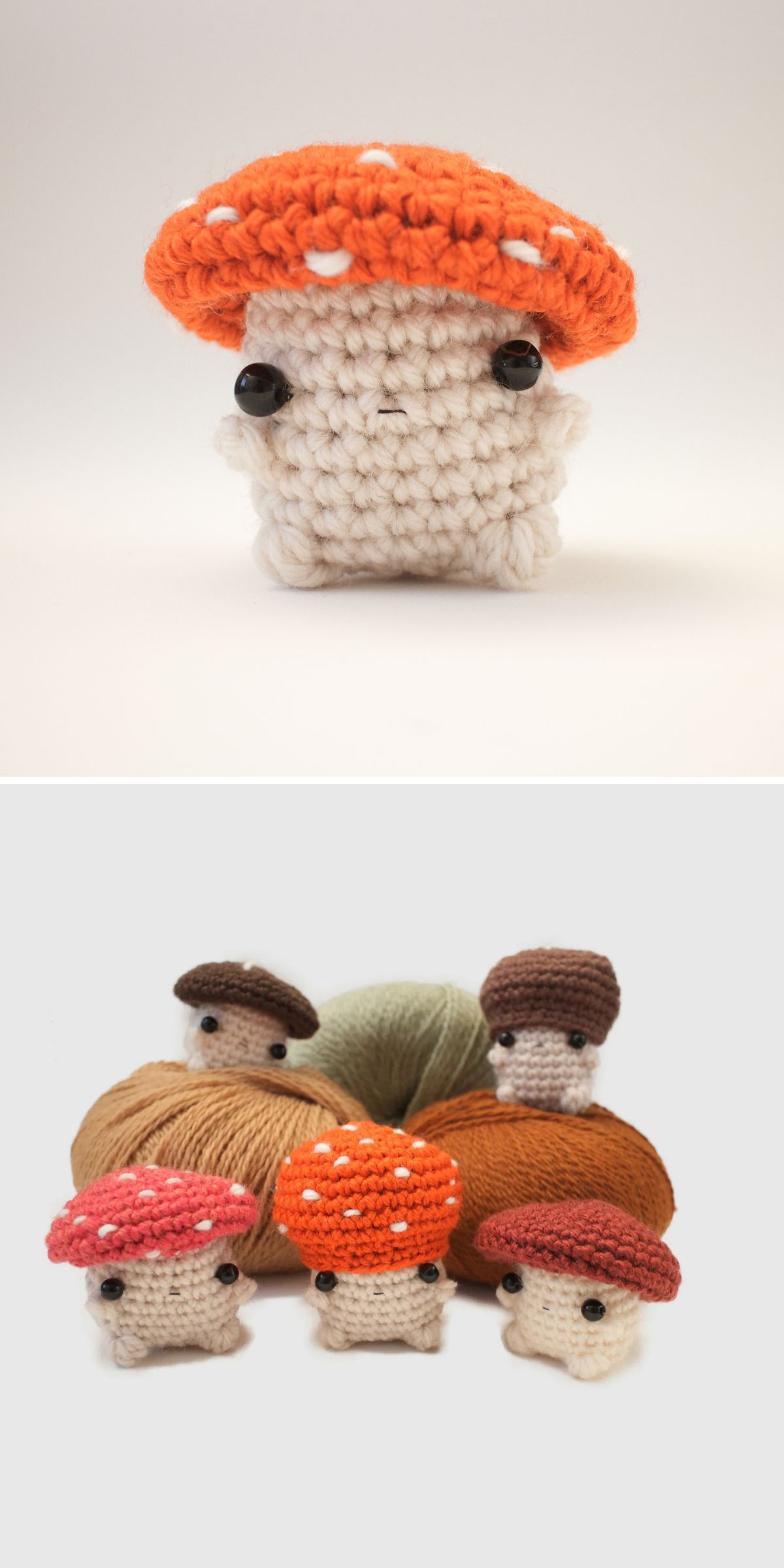 Top: A crochet mushroom amigurumi with an orange cap and white spots. Bottom: Multiple crochet mushroom amigurumis with caps in various colors, displayed in front of yarn balls.