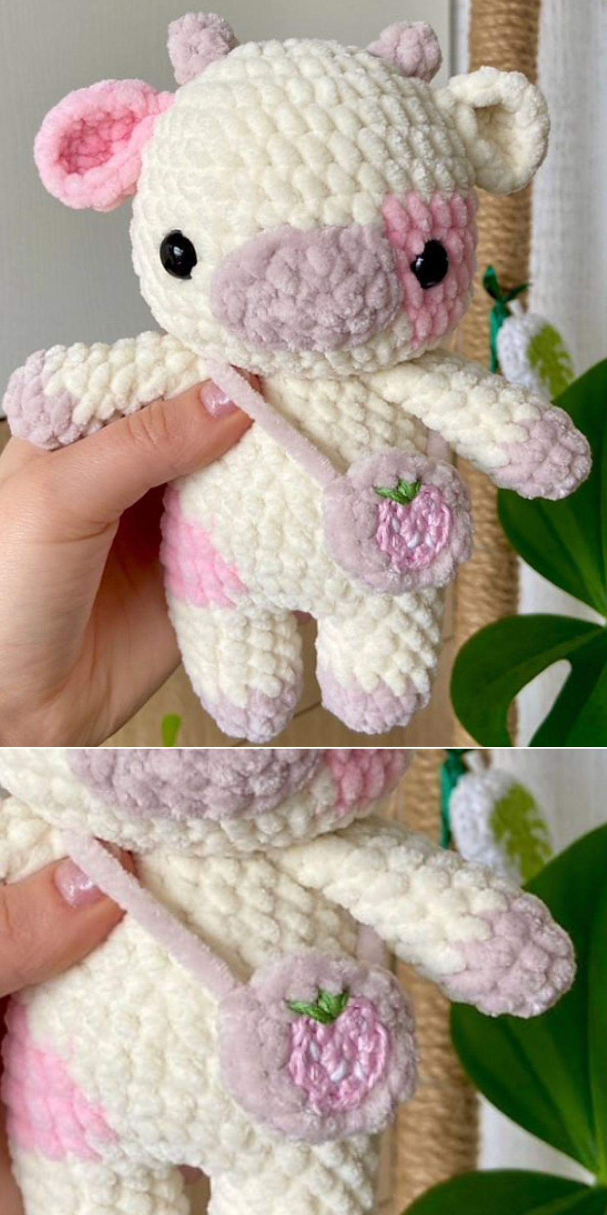 A hand holds a crochet cow plush toy with pink accents and a small round purse featuring an embroidered pink fruit.