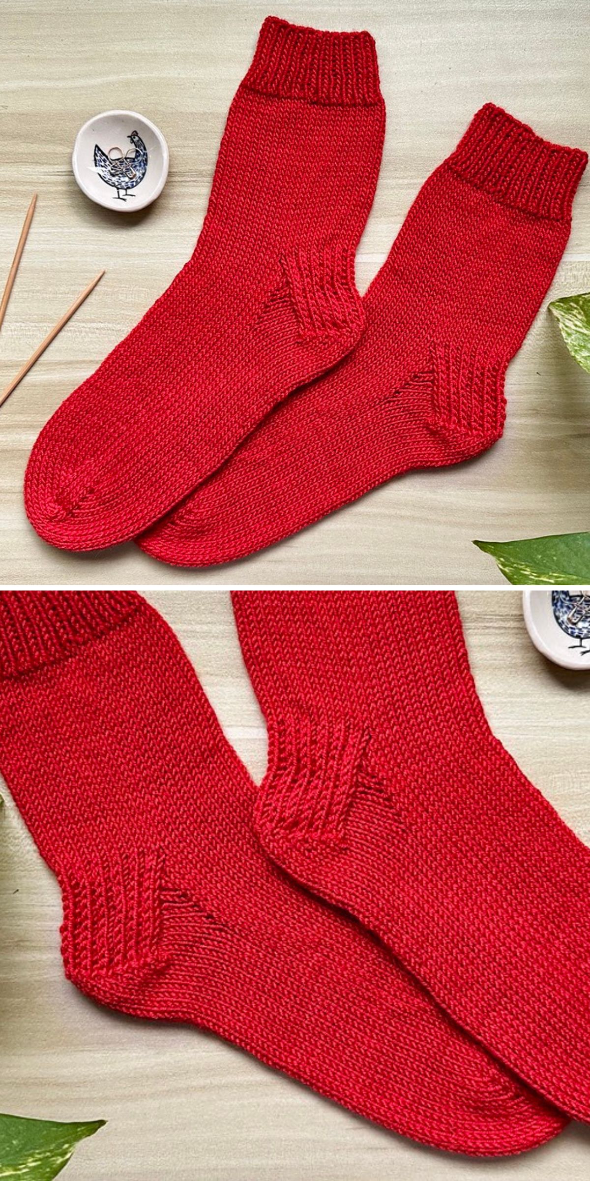 Two close-up photos show a pair of hand-knit red socks laid flat on a light surface, with knitting needles and a small dish nearby—perfect inspiration for those seeking new knitting patterns for socks.