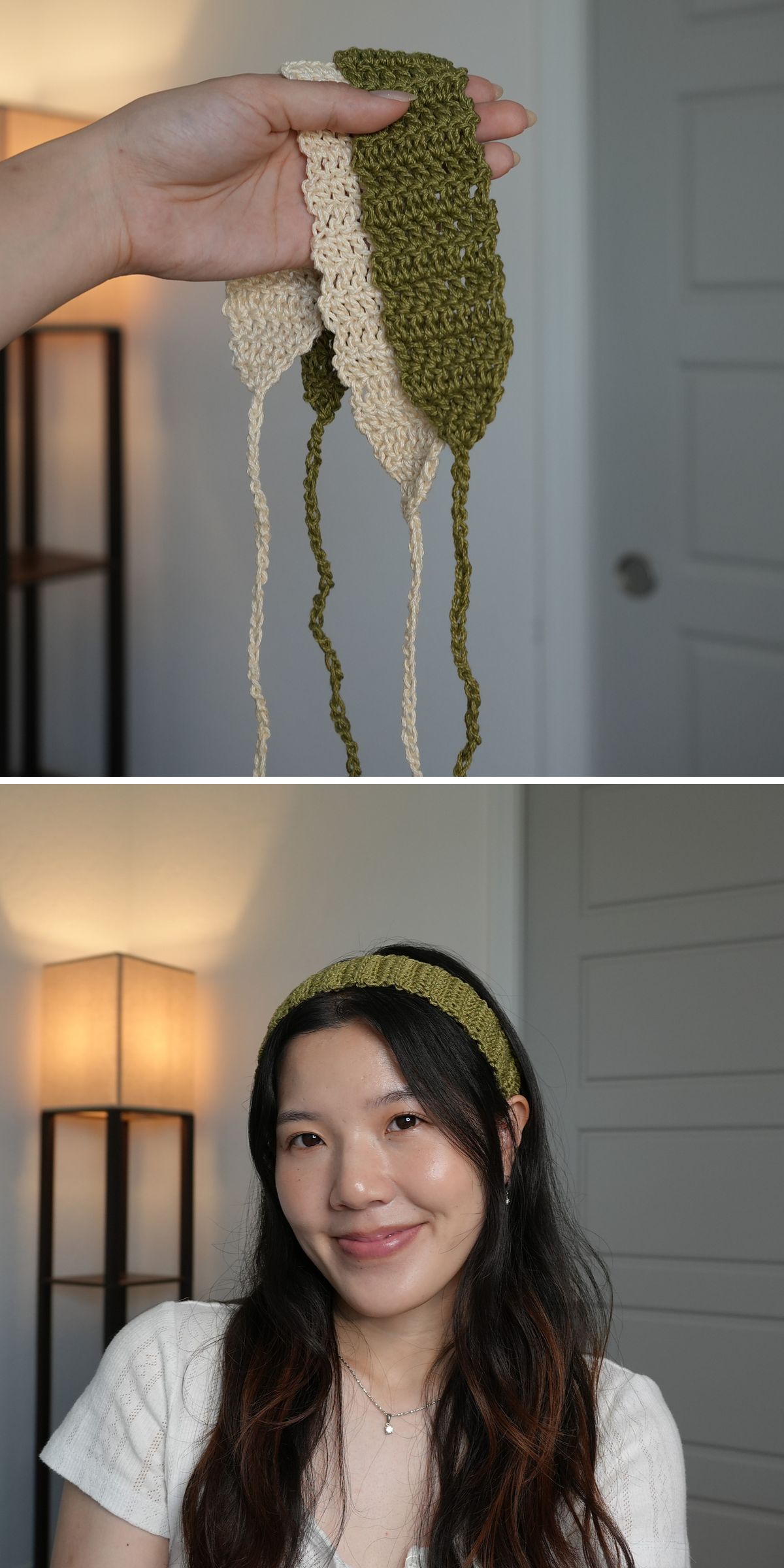 A hand holds two crochet headbands in green and beige; the lower image shows a woman smiling indoors while wearing the green crochet headband.