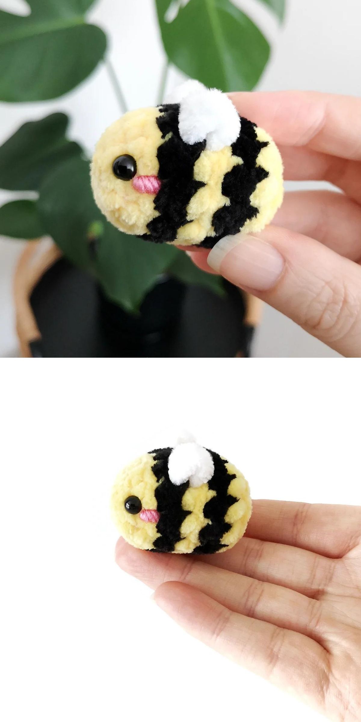 A hand holds a small, round, crochet bee amigurumi with black stripes, a pink smile, white wings, and black eyes; a green plant is seen in the background of the top image.
