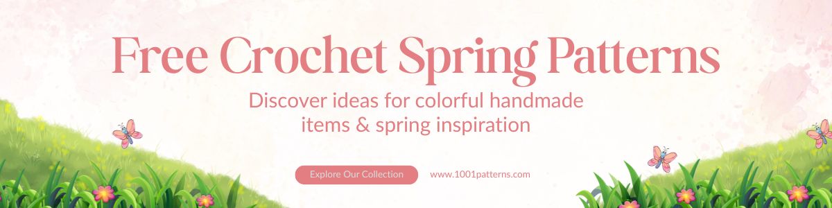 Banner with the text "Free Crochet Spring Patterns" and a garden scene with grass, flowers, and butterflies. Includes a button labeled "Explore Our Collection" and a website link.