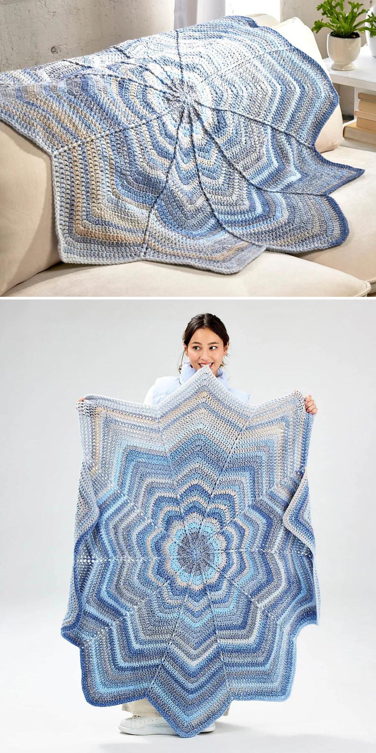 A large, blue and gray star-shaped round crochet blanket is draped over a couch in one image and held up by a person in another.