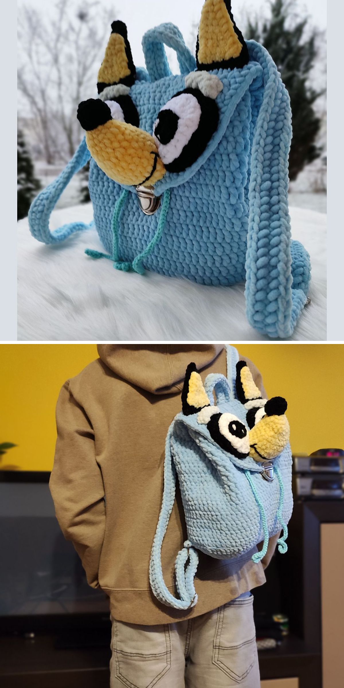 A blue crochet bag for kids featuring a cartoon dog face, shown close-up outdoors and worn by a child indoors facing away.