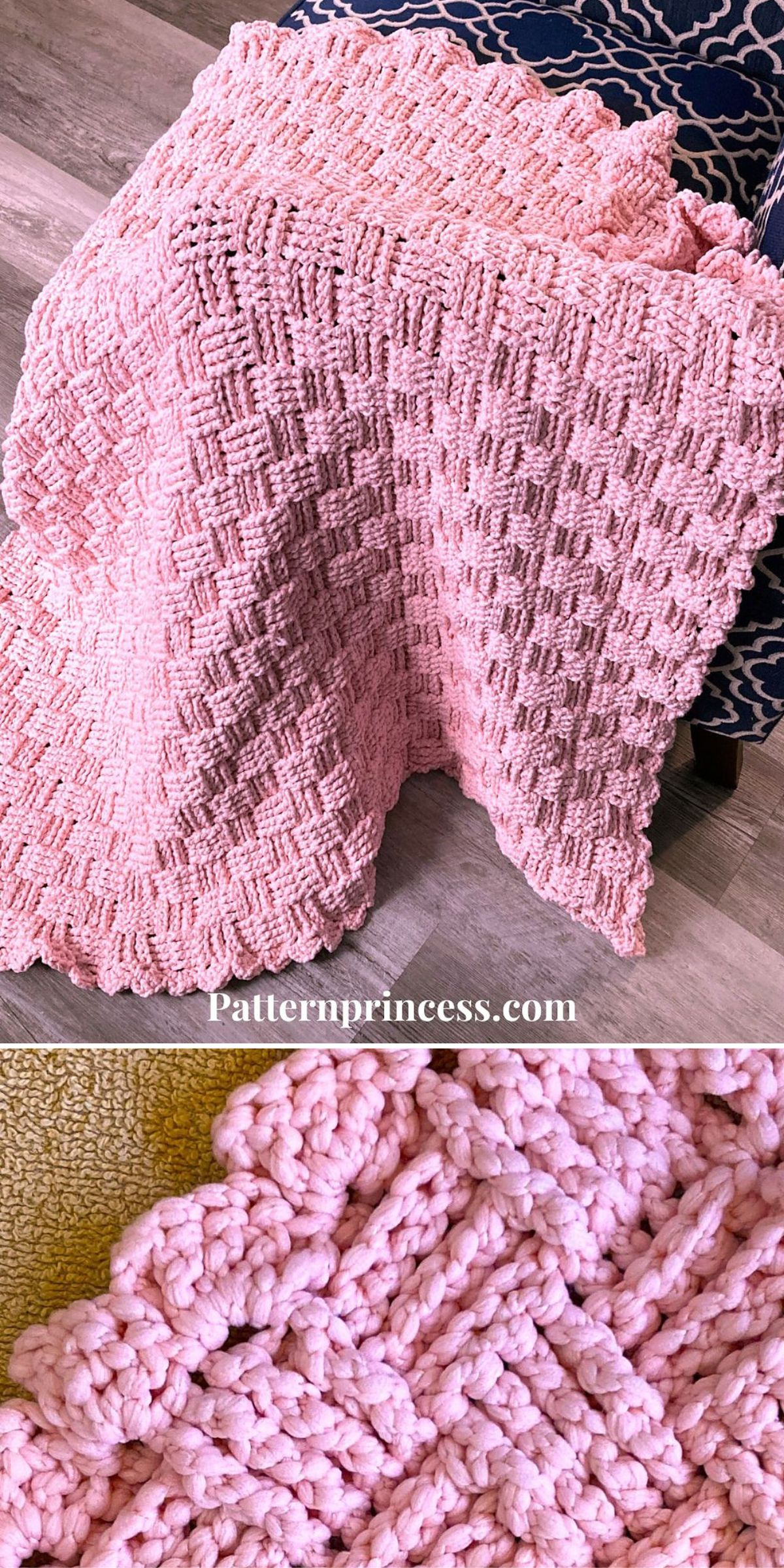 A soft, light pink crochet blanket with a textured pattern is draped over a chair. A close-up highlights the chunky yarn and beautiful stitch detail of this handmade crochet blanket.