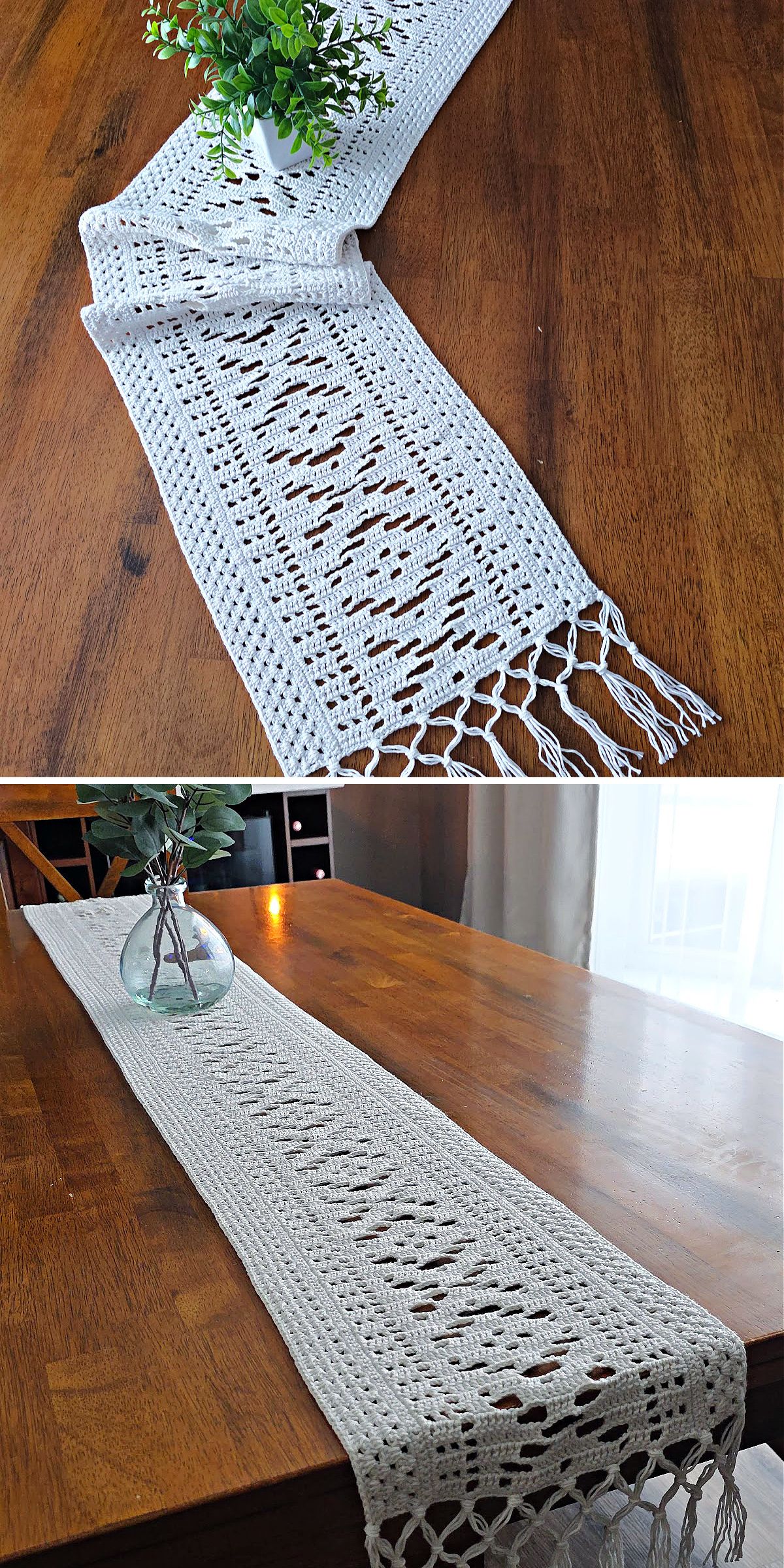 A white Crochet Table Runner with a geometric pattern and fringed ends is displayed on a wooden table, beautifully accented by a small potted plant.
