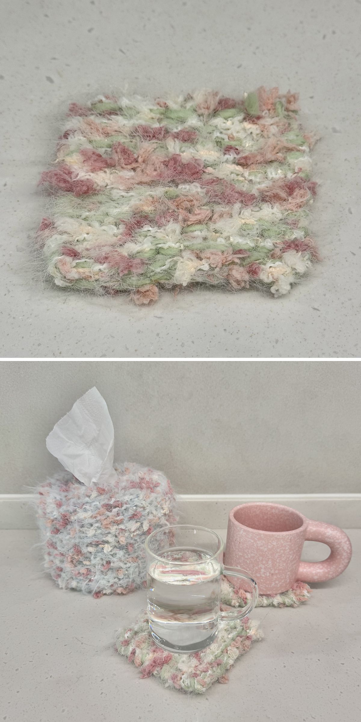 A pink, green, and white knitted coaster is shown alone and under a glass, next to a matching tissue box cover and a pink ceramic mug—perfect for adding charm to your knitted coasters collection.