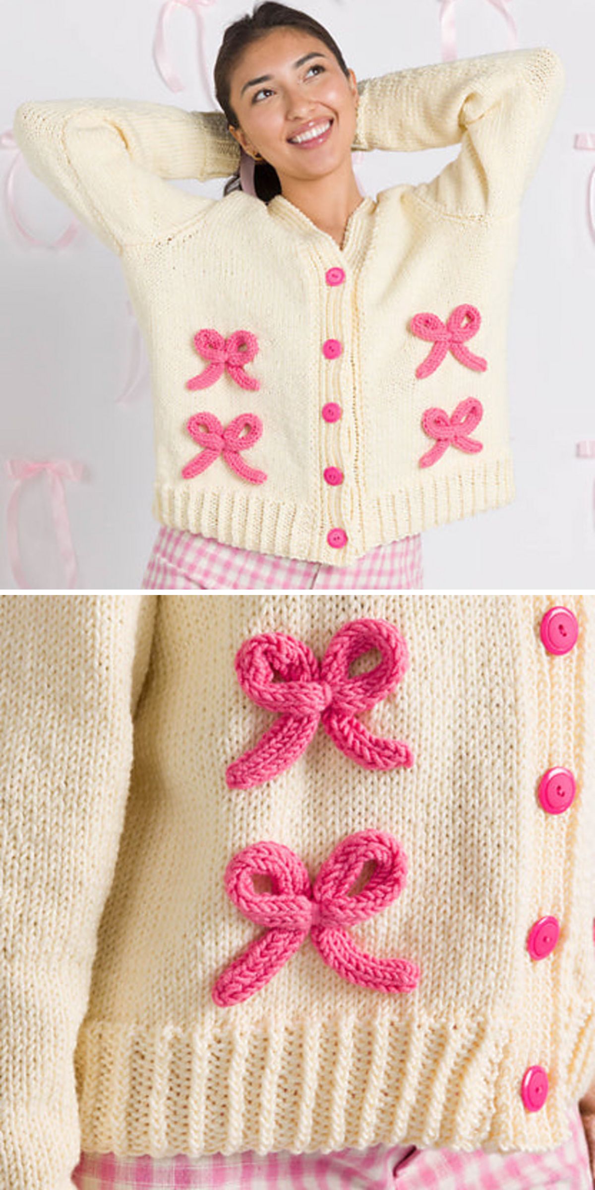 Woman wearing a cream knit cardigan with pink buttons and four pink knit bow appliqués, shown in full and close-up views—perfect inspiration for those seeking Free Knitting Patterns for Cardigans.