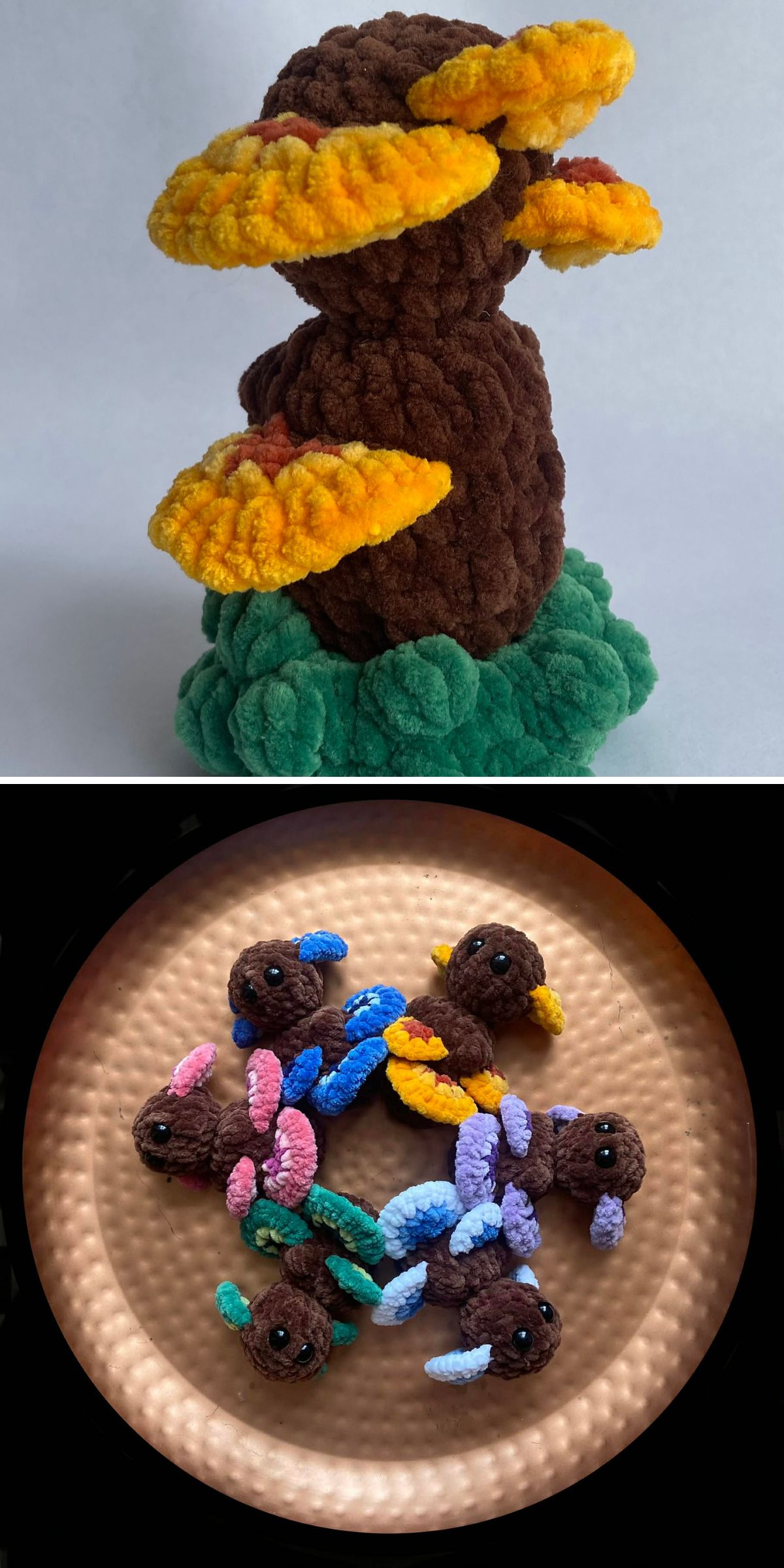 Top: Crocheted plush sculpture resembling a tree stump with yellow and orange mushrooms, evoking a whimsical crochet plant design. Bottom: Crocheted plush axolotl figures in various colors arranged on a circular surface.
