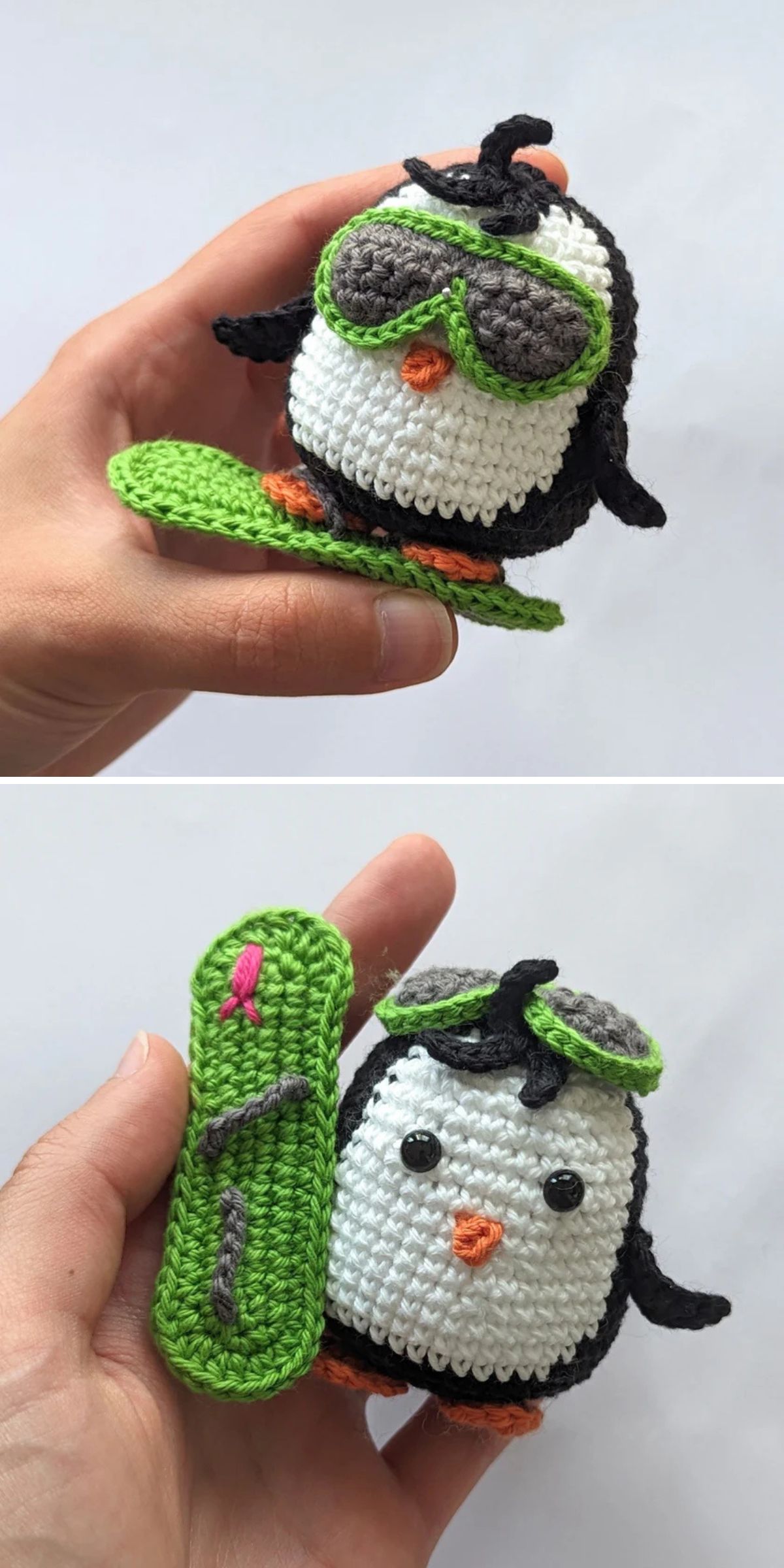 A Crochet Penguin amigurumi with green ski goggles and a matching green snowboard, shown from two angles while being held in a hand.
