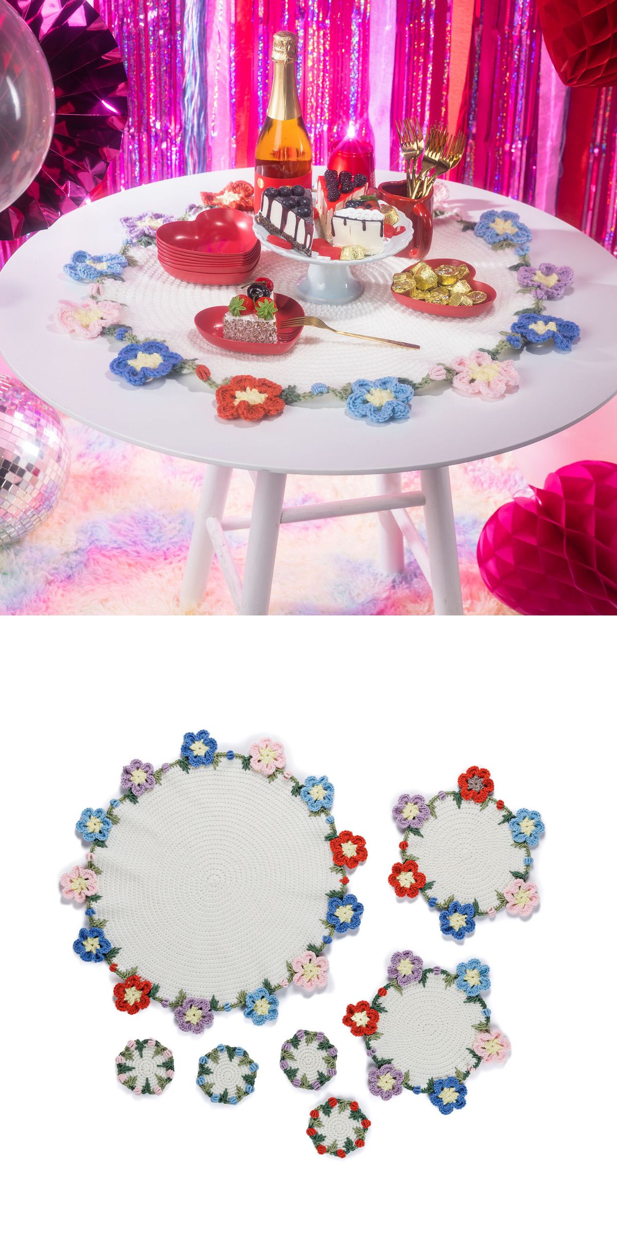 A round table set with drinks, snacks, and crochet floral placemats and coasters; a close-up below features five crochet pieces with colorful flower borders on a white background, complementing a matching Crochet Table Runner.