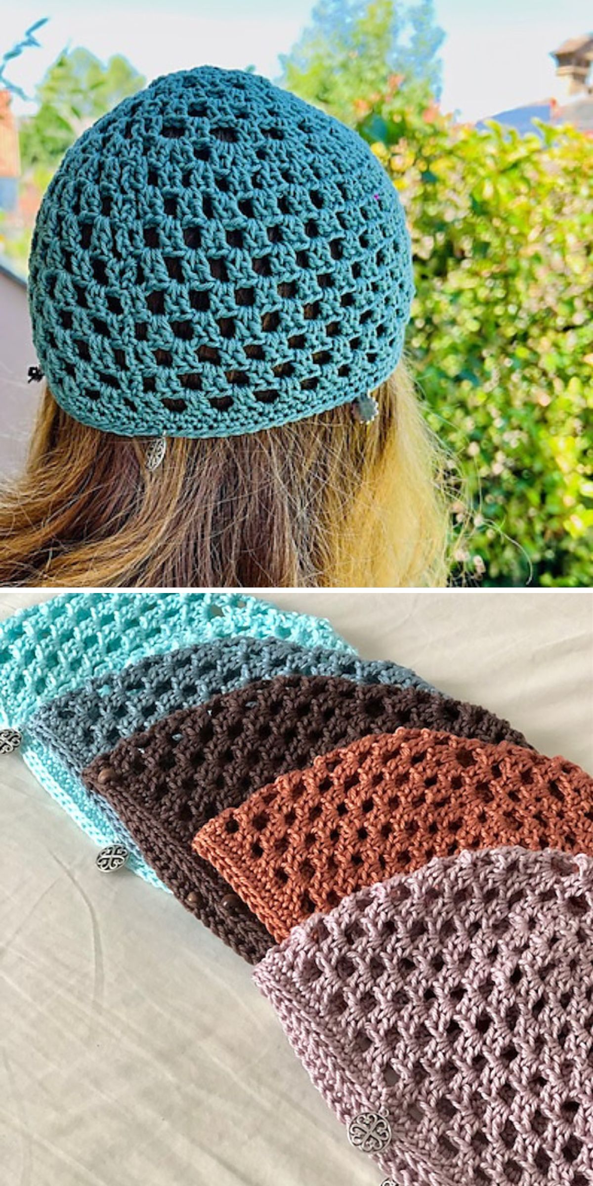 A person wears a teal crocheted beanie; below are five similar beanies and a crochet sun hat in blue, aqua, brown, rust, and purple — displayed on a white surface.