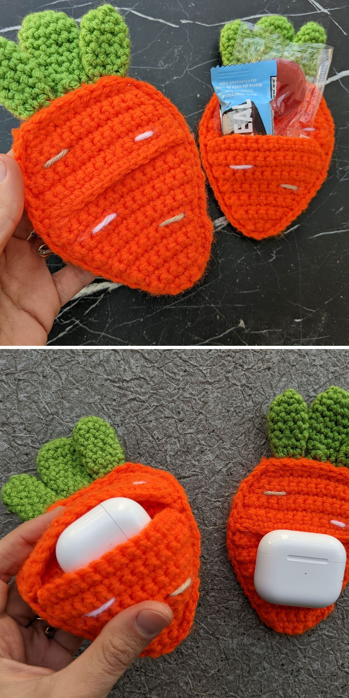 Two orange crocheted carrot pouches with green tops, perfect as a quirky crochet Easter gift ideas or for holding earbud cases and small tissue packs.