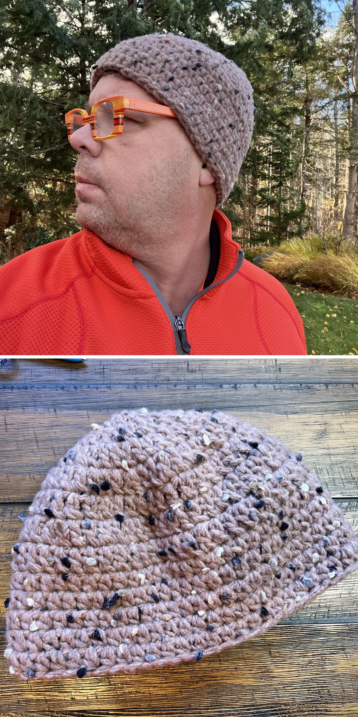 A man wearing an orange jacket and glasses models a beige crochet hat for men outdoors. Below, the beanie is shown lying flat on a wooden surface.