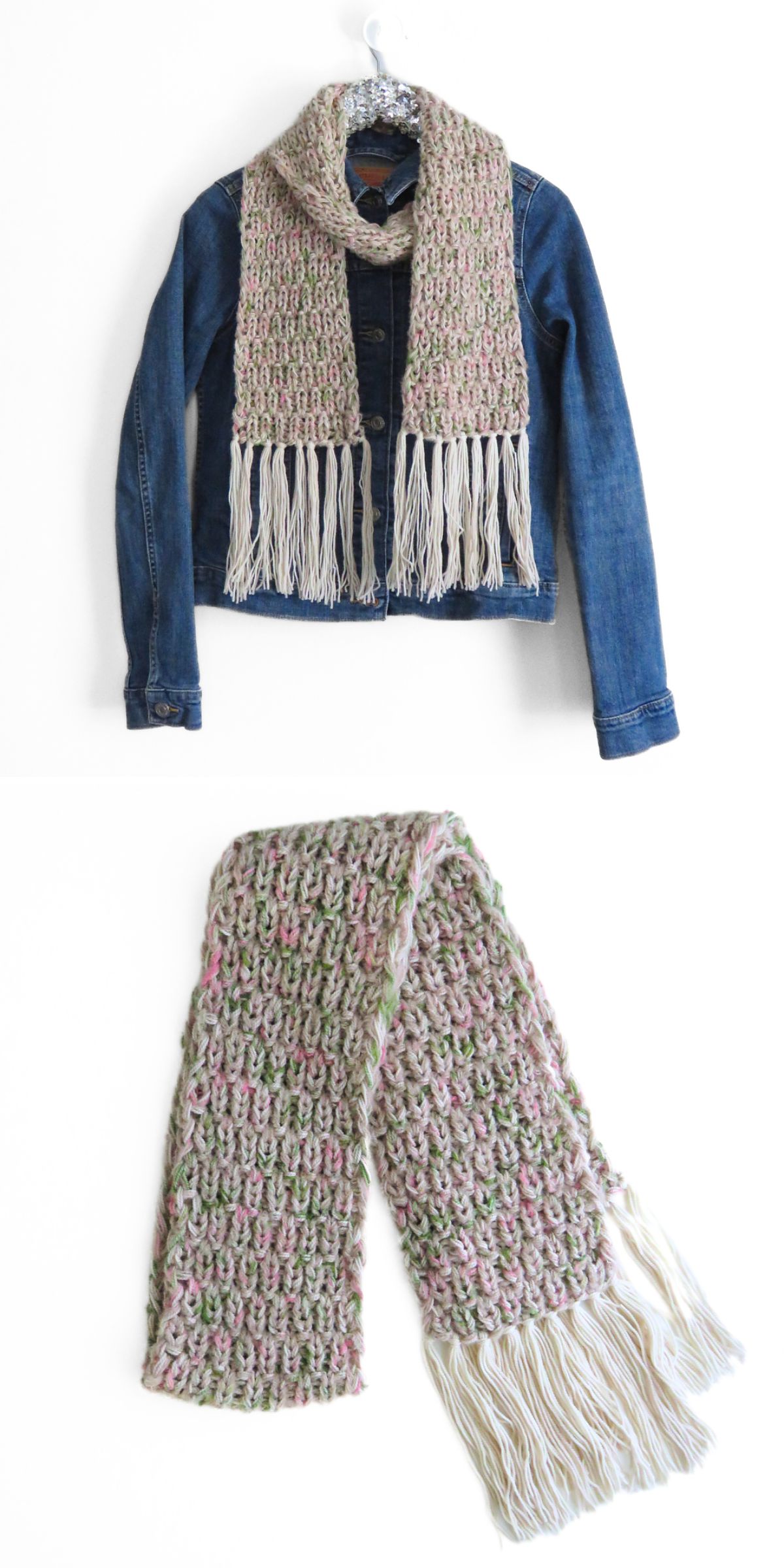 A denim jacket with a chunky knit scarf draped around the collar; the scarf is beige with pastel accents and long white fringe—perfect for those who love unique knitting scarf patterns. The scarf is also shown laid flat.