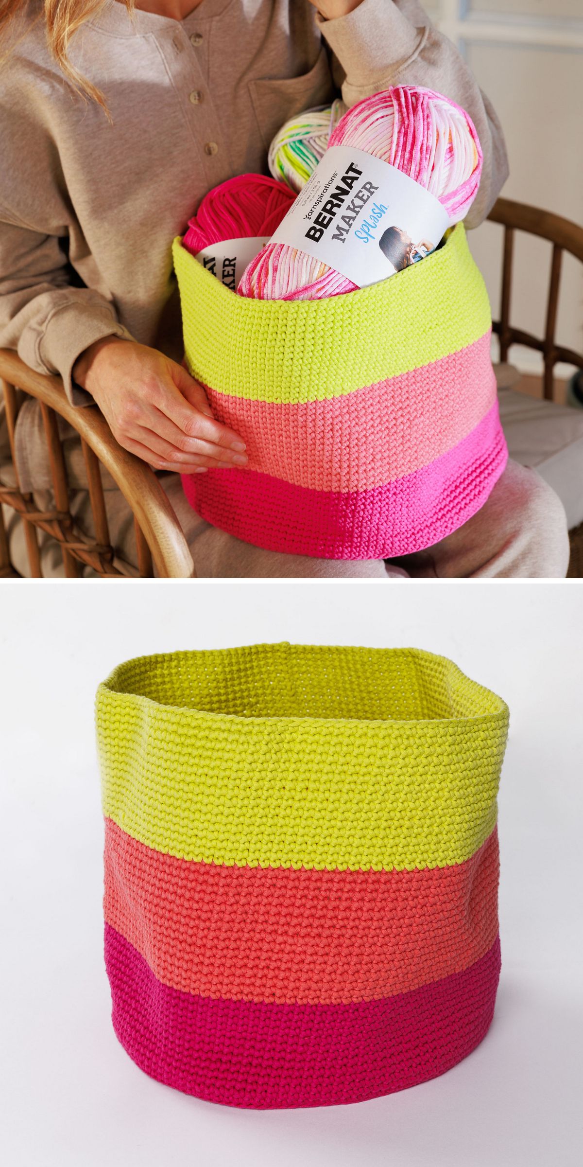 A person holds a crochet basket with pink, orange, and yellow stripes containing yarn; the crochet basket is also shown empty on a white background.