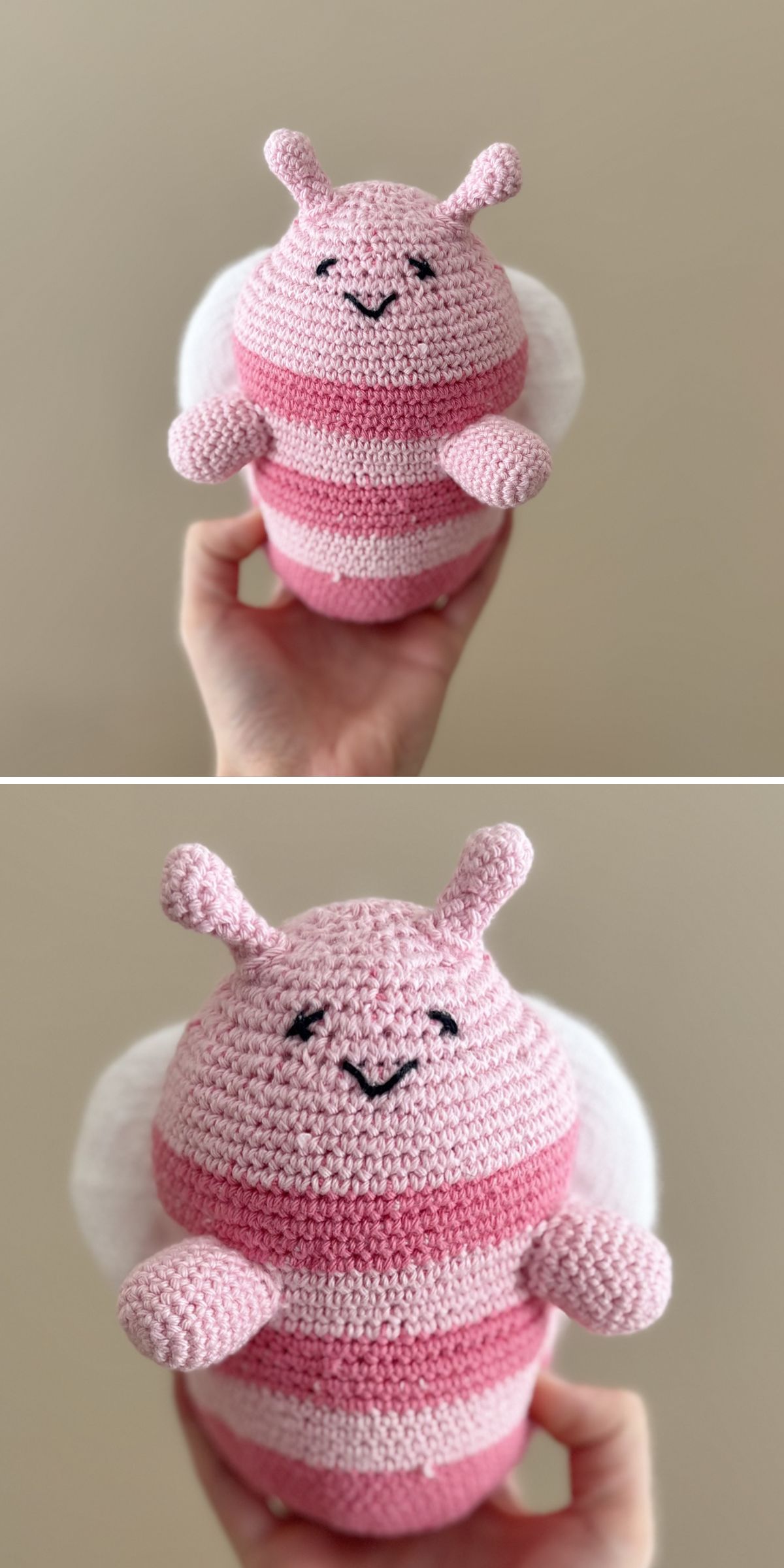 A hand holds a crochet bee amigurumi, featuring pink and white stripes, wings, antennae, and a smiling face. The plush bee is shown from two angles against a plain background.