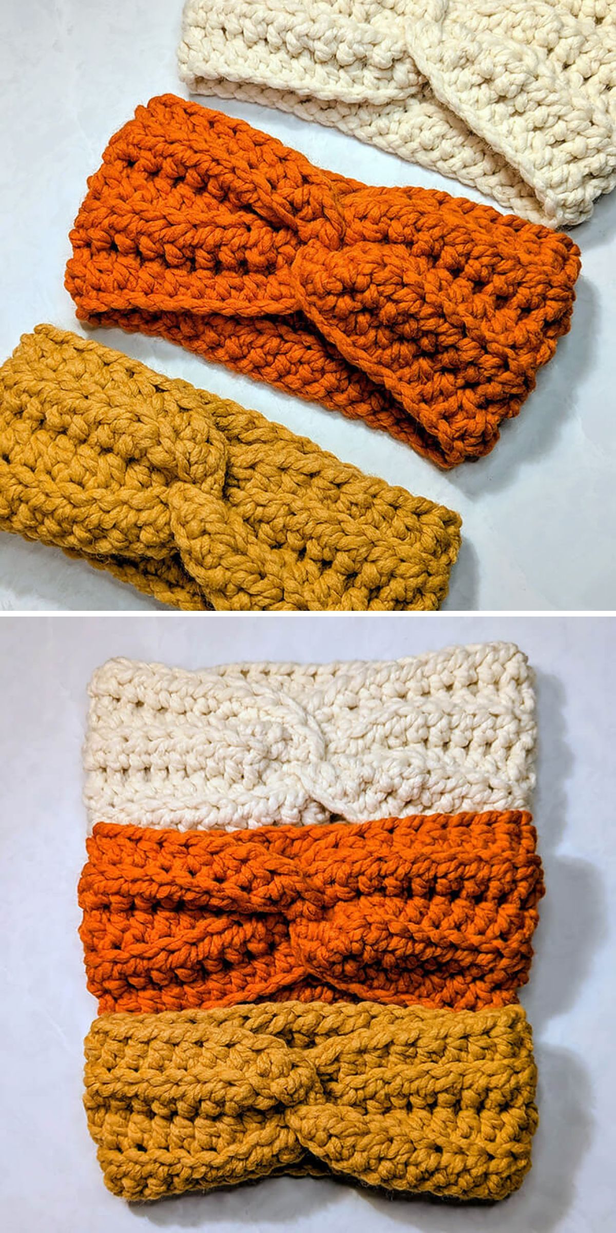 Three crochet headbands in cream, orange, and mustard yellow are displayed in two different arrangements on a white surface.