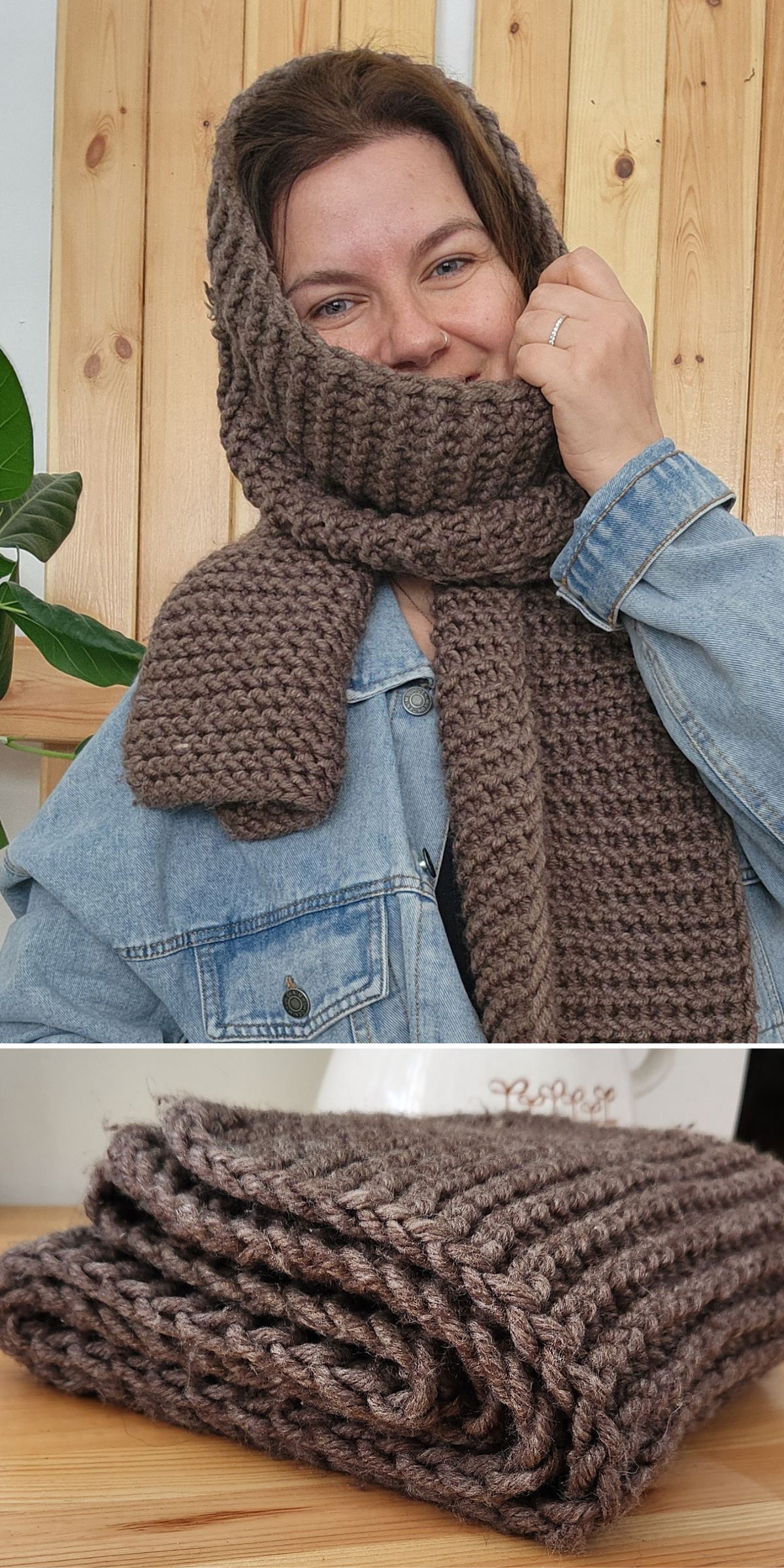 A smiling person wears a chunky brown knit scarf as a hood, crafted with intricate knitting scarf patterns; below, the same cozy scarf is folded neatly on a surface.