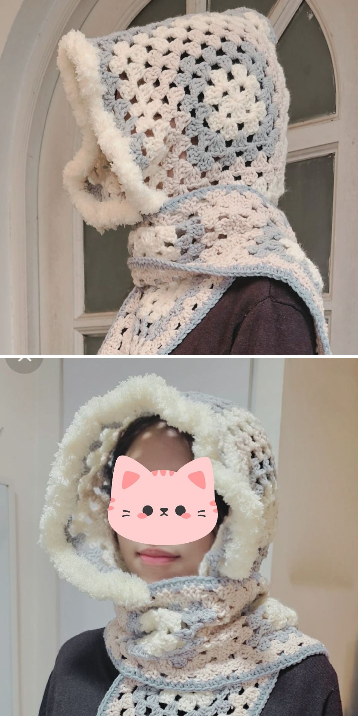 A person wears a cozy crochet hooded scarf with a fluffy trim. The crochet hood frames the face, which is partially covered by a pink cat sticker in both side and front views.