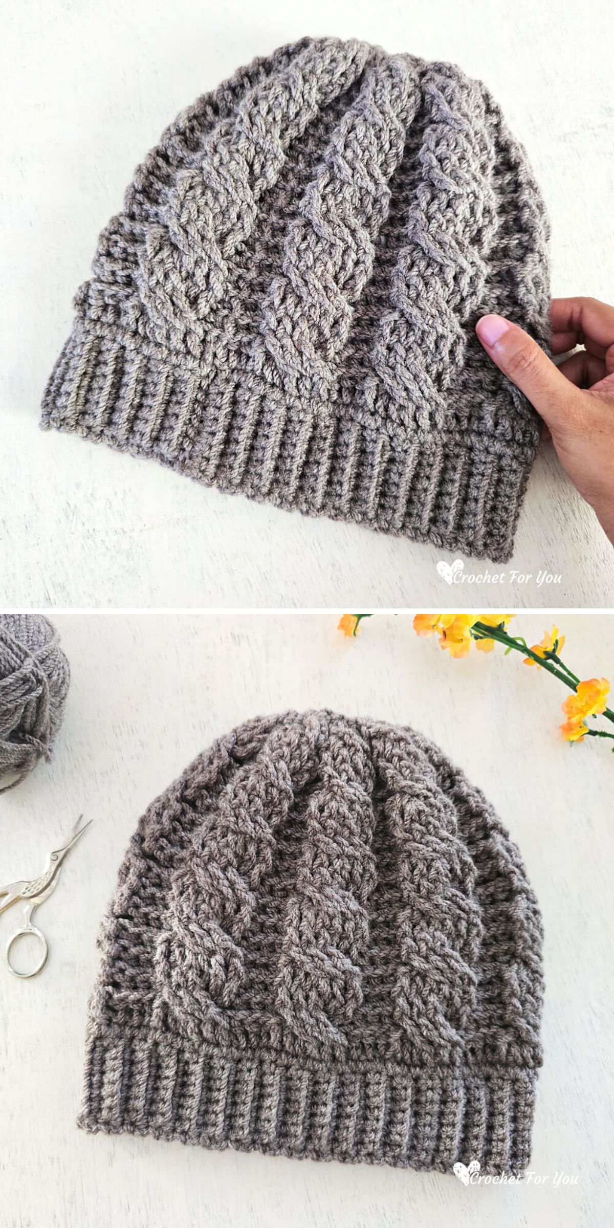 Two photos of a gray, textured, hand-crocheted beanie with a ribbed brim — a stylish crochet hat for men—displayed on a white surface and shown from different angles.