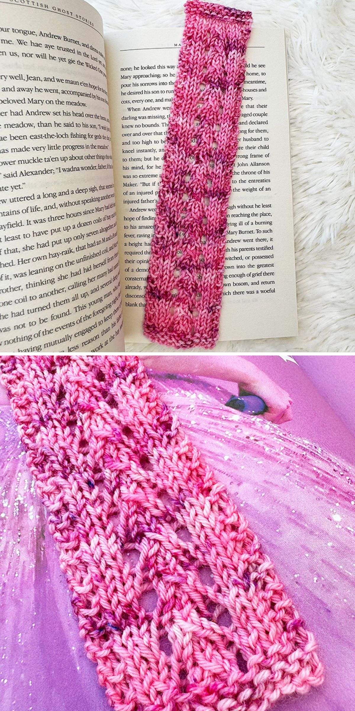 A knitted pink bookmark with a lace pattern rests on an open book; a close-up showcases the detailed stitching and variegated yarn that make knitted bookmarks truly unique.