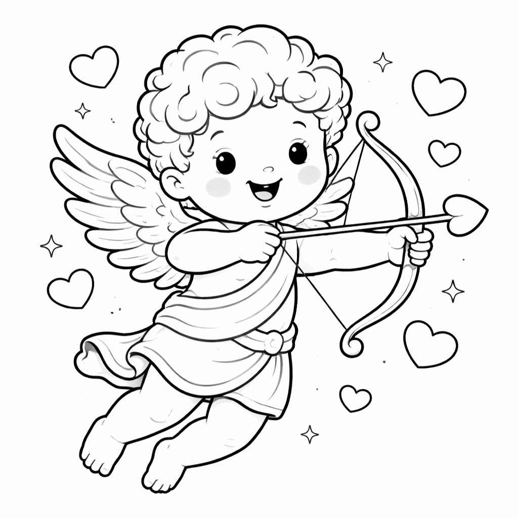 A cartoon cupid with curly hair and wings holds a bow with a heart-shaped arrow, surrounded by floating hearts and stars.