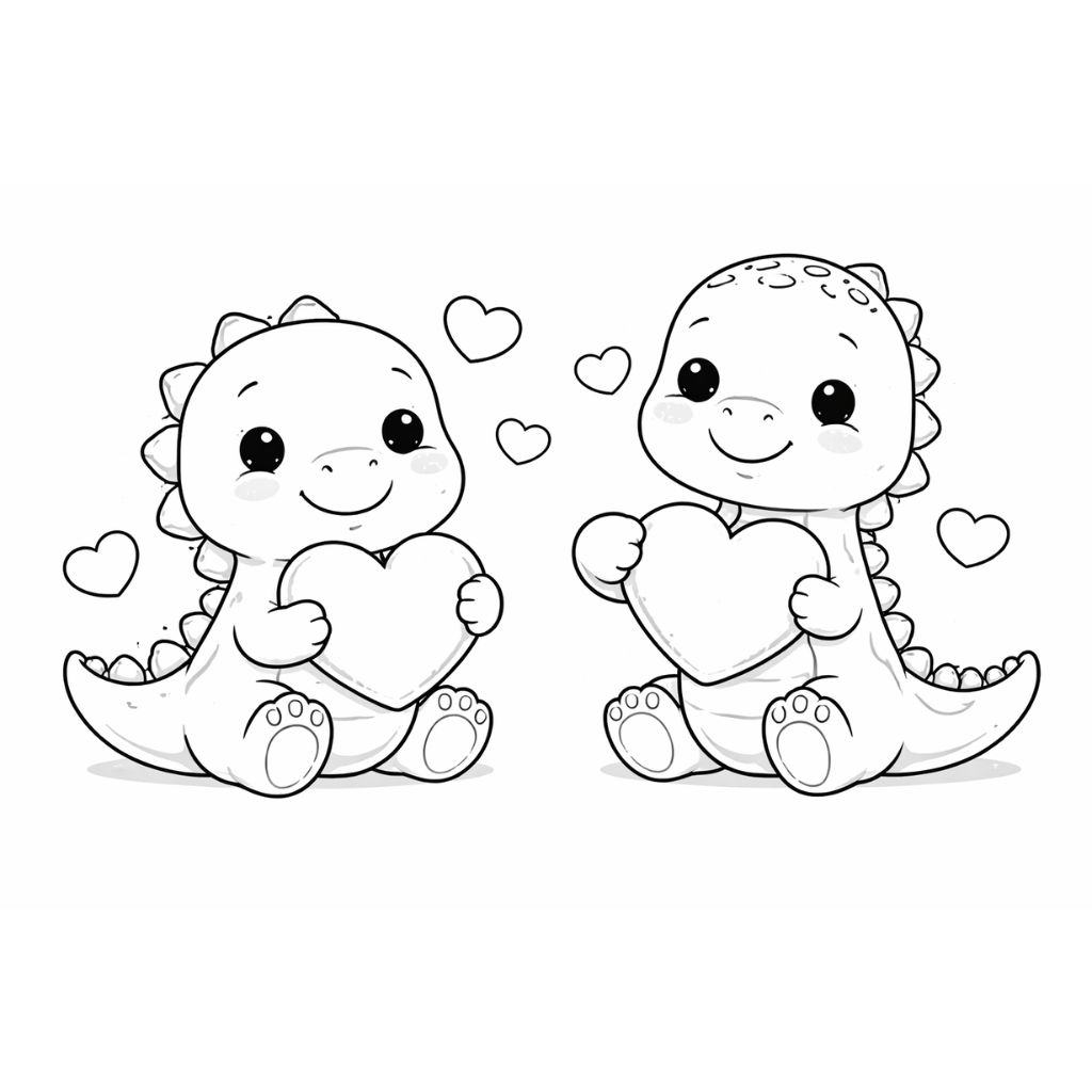 Two cartoon baby dinosaurs sit side by side, each holding a heart. Several small hearts float around them. The image is black and white and designed in a cute, simple style.