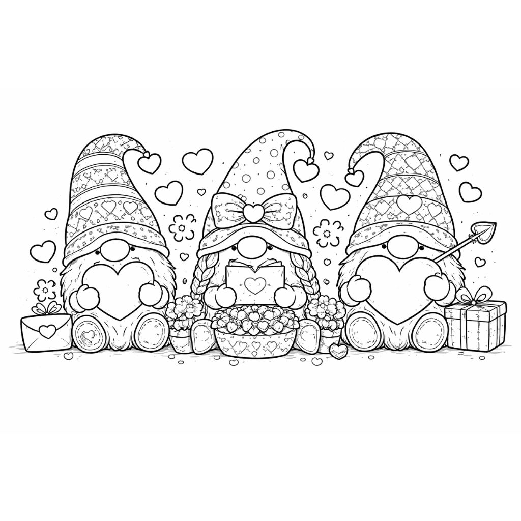 Three gnomes with patterned hats sit holding hearts, surrounded by flowers, gifts, and floating hearts. One gnome holds an envelope and wears a bow.