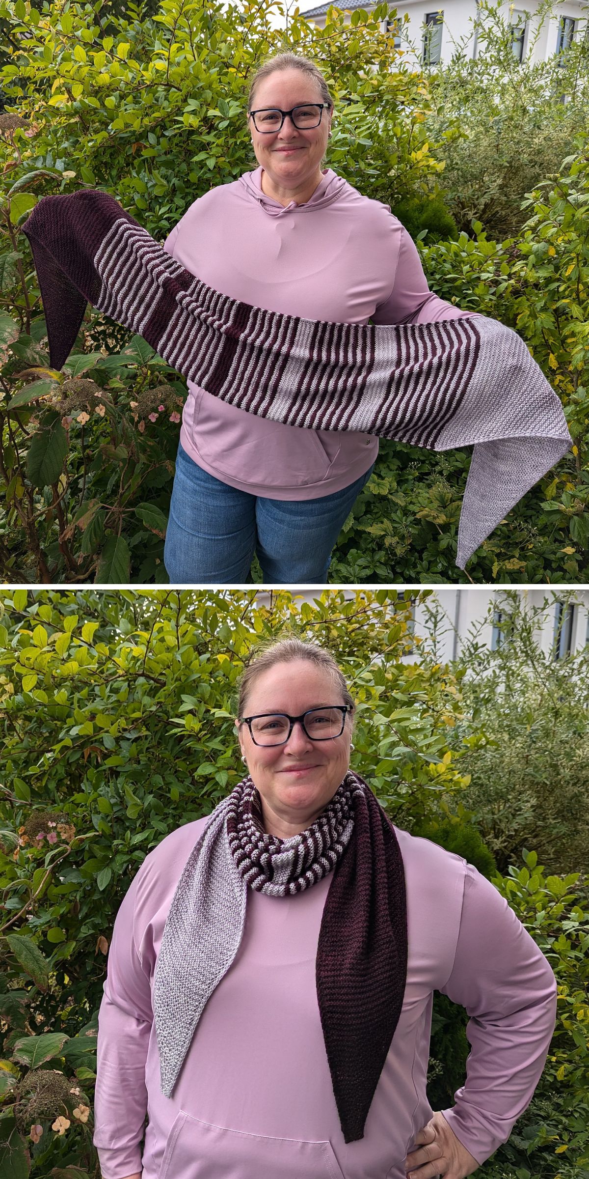 A person wearing glasses and a pink hoodie showcases a knitted, striped scarf in burgundy and light gray — first holding it out, then wrapping it around their neck — highlighting stylish knitting scarf patterns.