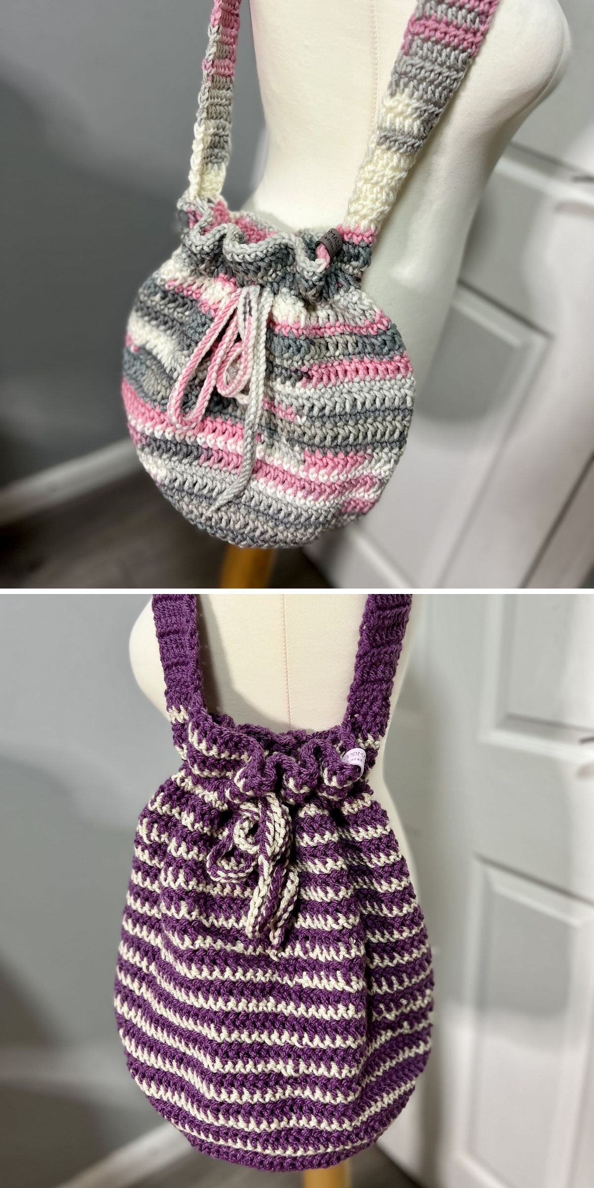 Two crochet drawstring bags on a mannequin: one with pink, gray, and white stripes; the other with purple and white stripes. Both bags feature shoulder straps.