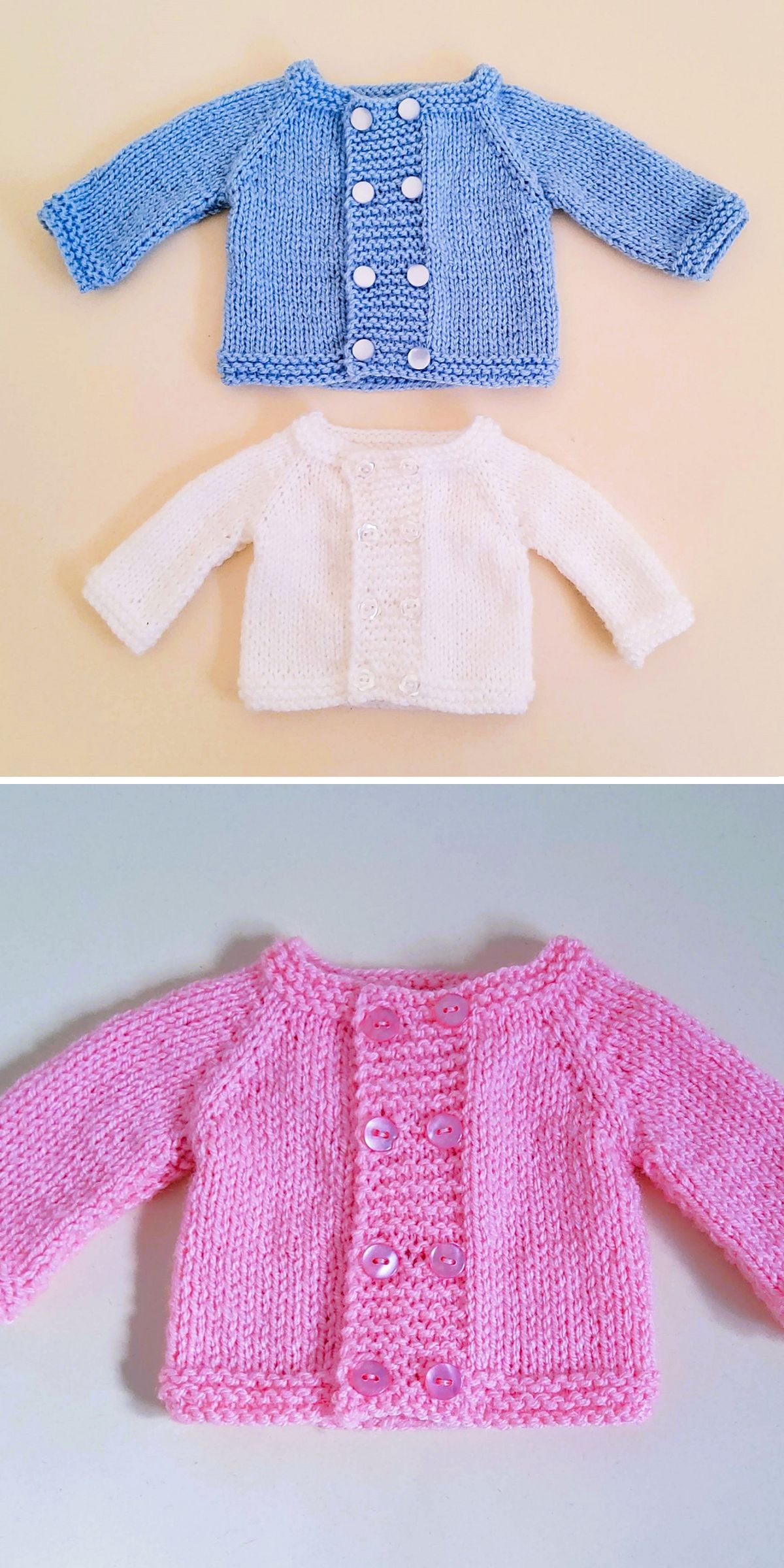 Three hand-knitted baby cardigans in blue, white, and pink, each with long sleeves and a front row of buttons, are perfect examples of charming knitted kids clothes displayed on a light background.