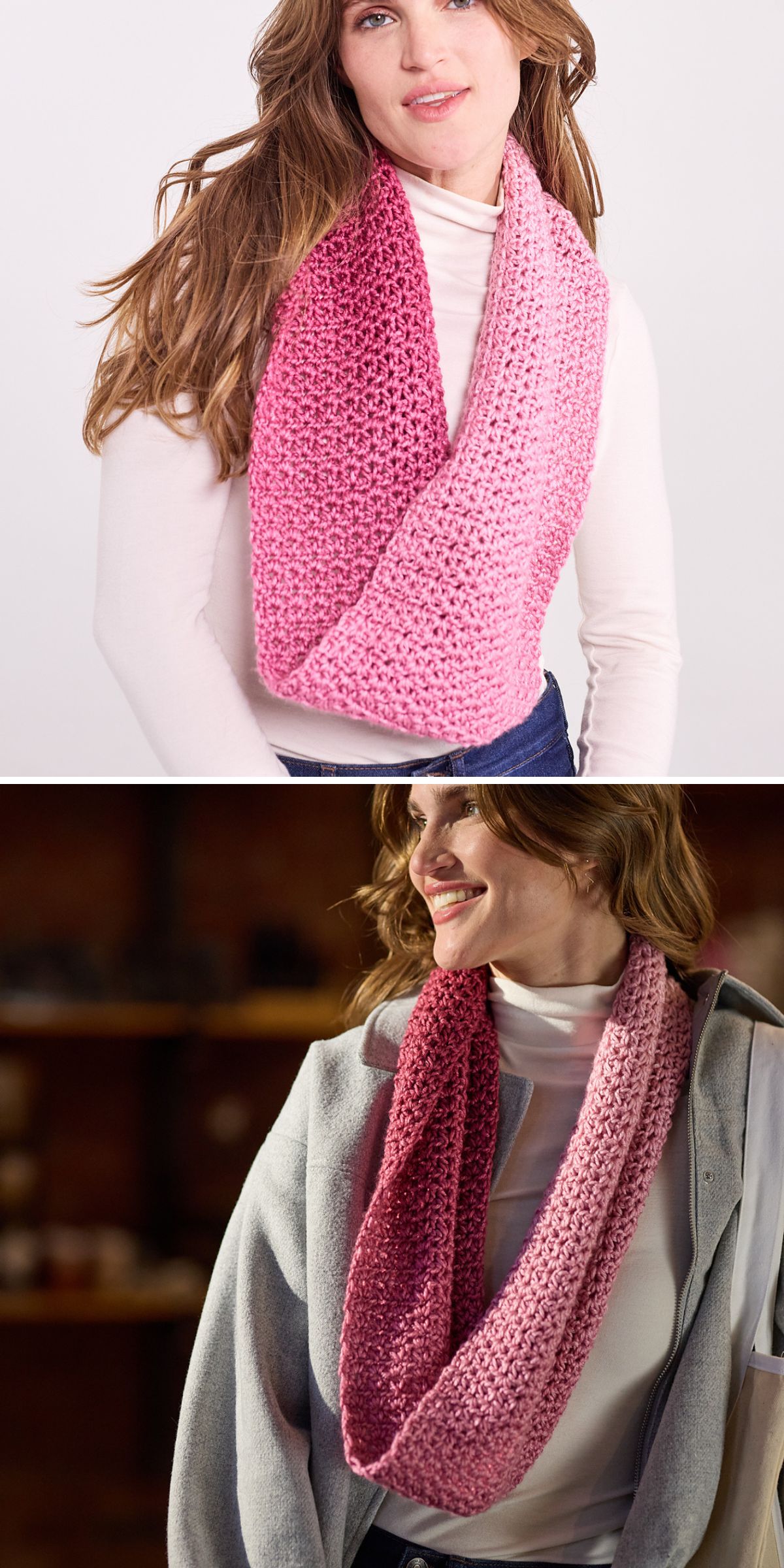 Two women each wear a crochet infinity scarf in a pink gradient, styled with light-colored tops; one is indoors in bright light, the other appears in a dimmer setting paired with a gray coat.