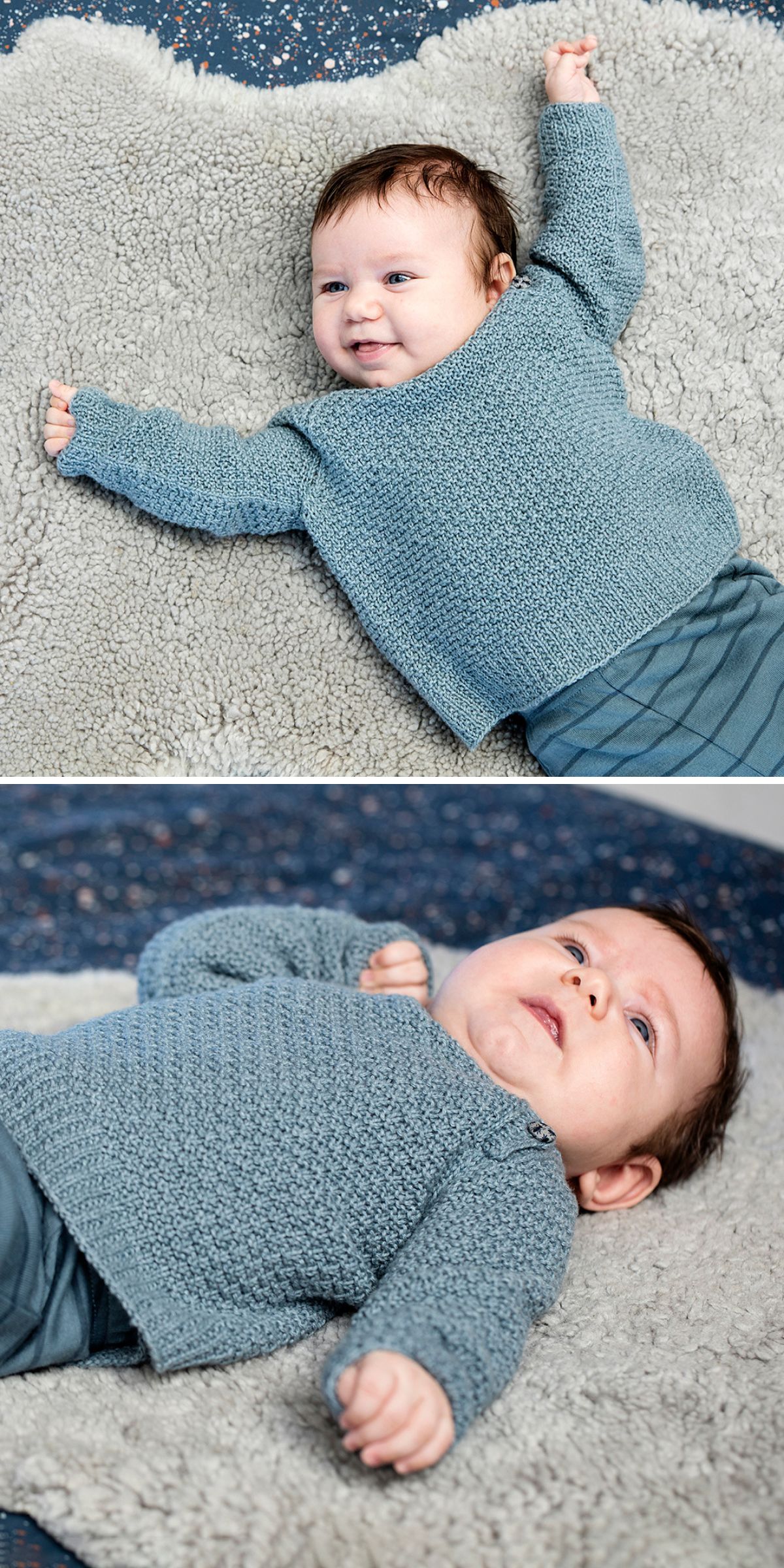 A baby wearing knitted kids clothes — a textured blue sweater and matching pants — lies content and relaxed on a light, fluffy rug, with one arm raised.