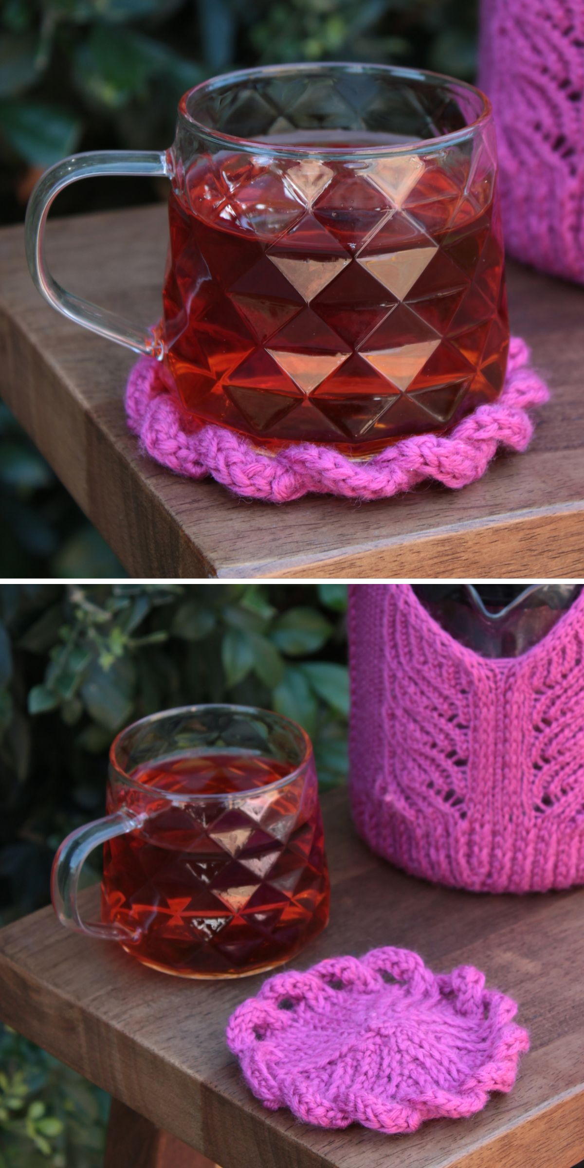 A glass mug with tea sits on a pink knitted coaster — one of our charming knitted coasters — on a wooden surface; in the next image, the cozy coaster is shown separately beside the mug.