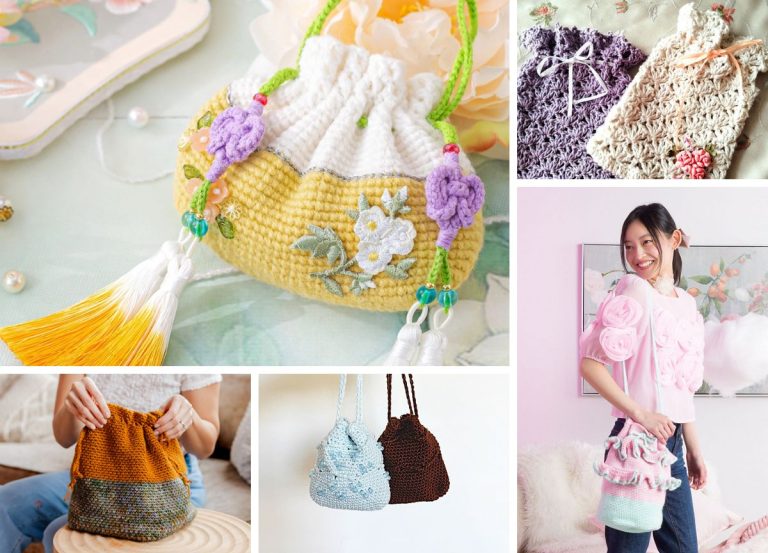 A collage of handmade crochet drawstring bags in various colors and styles, featuring a woman holding and wearing different crochet drawstring bags.