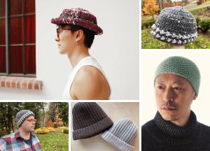 Collage of five images featuring men wearing different styles of men's crochet hats in various colors and settings; one image displays two hats on a table, showcasing versatile crochet hat patterns.