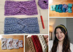 Collage of crochet headbands in various patterns and colors, with a crochet hook and yarn visible. One photo features a woman wearing a green crochet headband, showcasing the handmade charm of these stylish accessories.