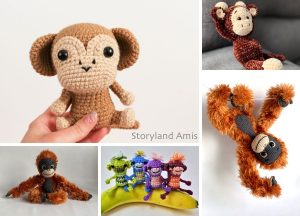 A collage featuring huggable crochet monkeys and orangutans in various colors, poses, and styles — including one held in a hand and a group sitting on a banana—showcase playful inspiration for crochet monkey patterns.