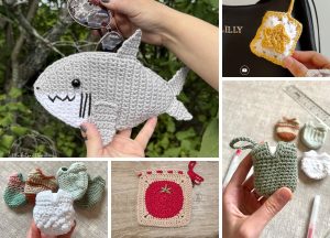 A collage of crocheted pouches — including a shark, a yellow flower square, pastel baskets, an apple-shaped basket, and a tomato square — showcases creative everyday crochet pouch for your essentials.